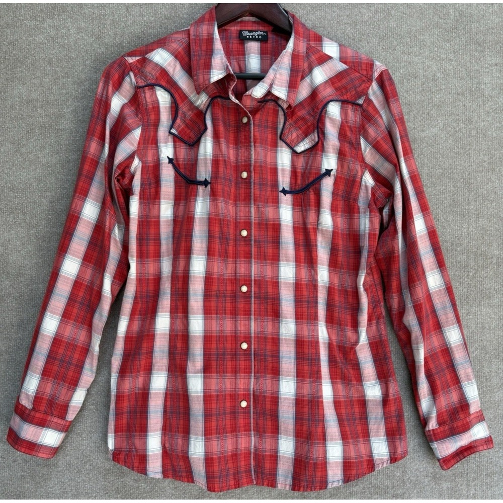 Wrangler Retro Mens Large Plaid Western Snap Pearl Cowboy Shirt Red White Blue
